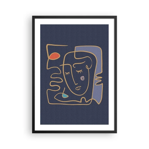 Poster in een zwarte lijst - Minimalistisch abstract gezicht op een marineblauwe achtergrond in lijnkunststijl - 50x70cm - In nadenken - Moderne wanddecoratie voor woonkamer en slaapkamer ARTTOR