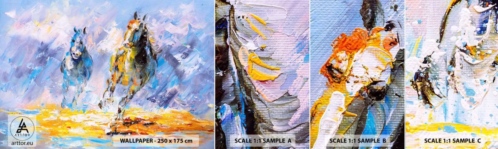 Fotobehang Monster Zelfklevend Deluxe Sticker - Galopperen door de schittering - Dieren, Paarden, Impressionisme - 100x30 cm