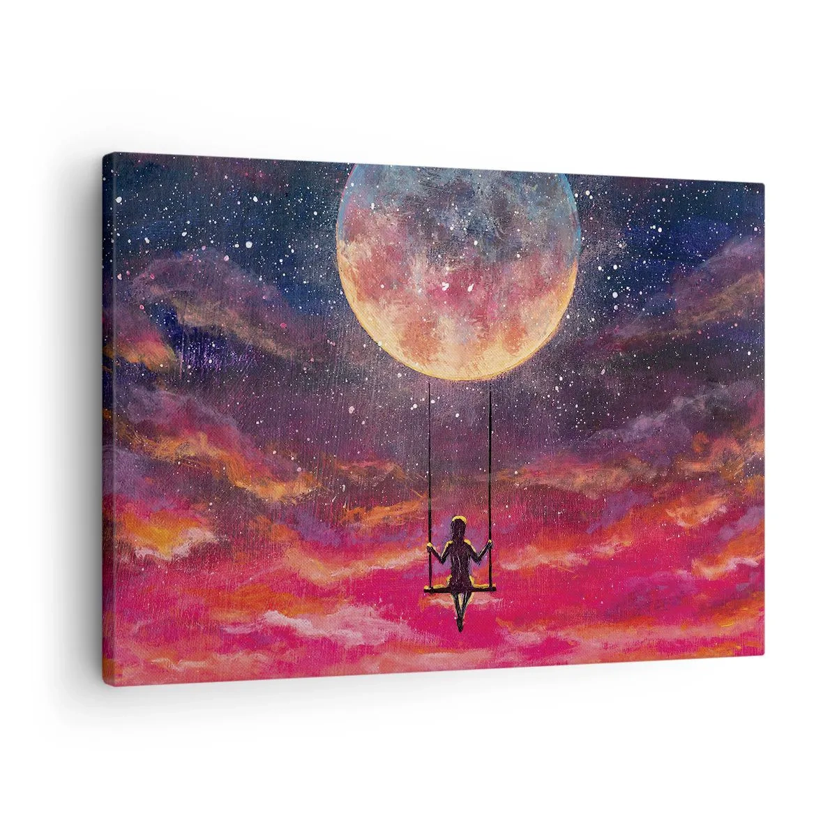 Schilderen op canvas - Een figuur op een schommel die tegen de maan hangt - 70x50cm - Droom - Moderne wanddecoratie voor woonkamer en slaapkamer ARTTOR