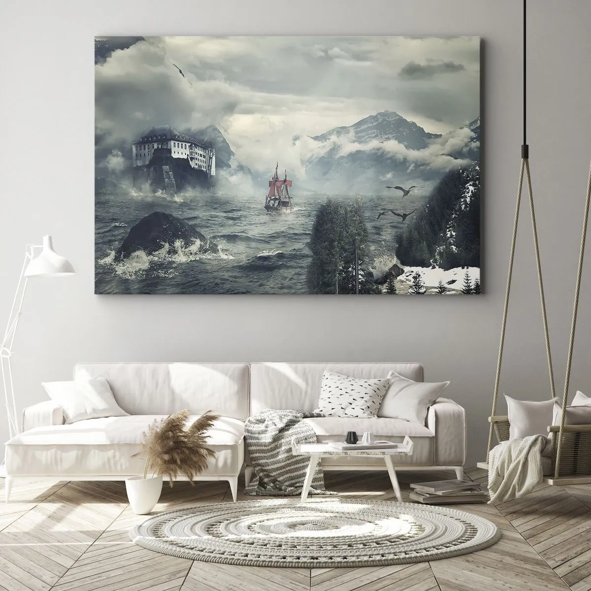 Schilderen op canvas - Een mysterieus landschap met een kasteel, bergen en een schip - 70x50cm - In magische wateren - Moderne wanddecoratie voor woonkamer en slaapkamer ARTTOR