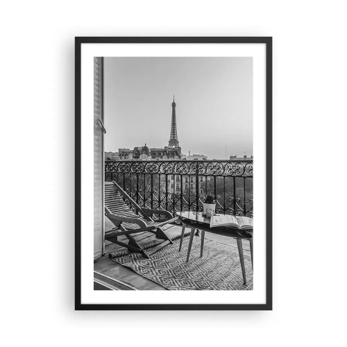Poster in een zwarte lijst - Uitzicht op de Eiffeltoren vanaf een elegant Parijs balkon - 50x70cm - Parijs' namiddag - Moderne wanddecoratie voor woonkamer en slaapkamer ARTTOR