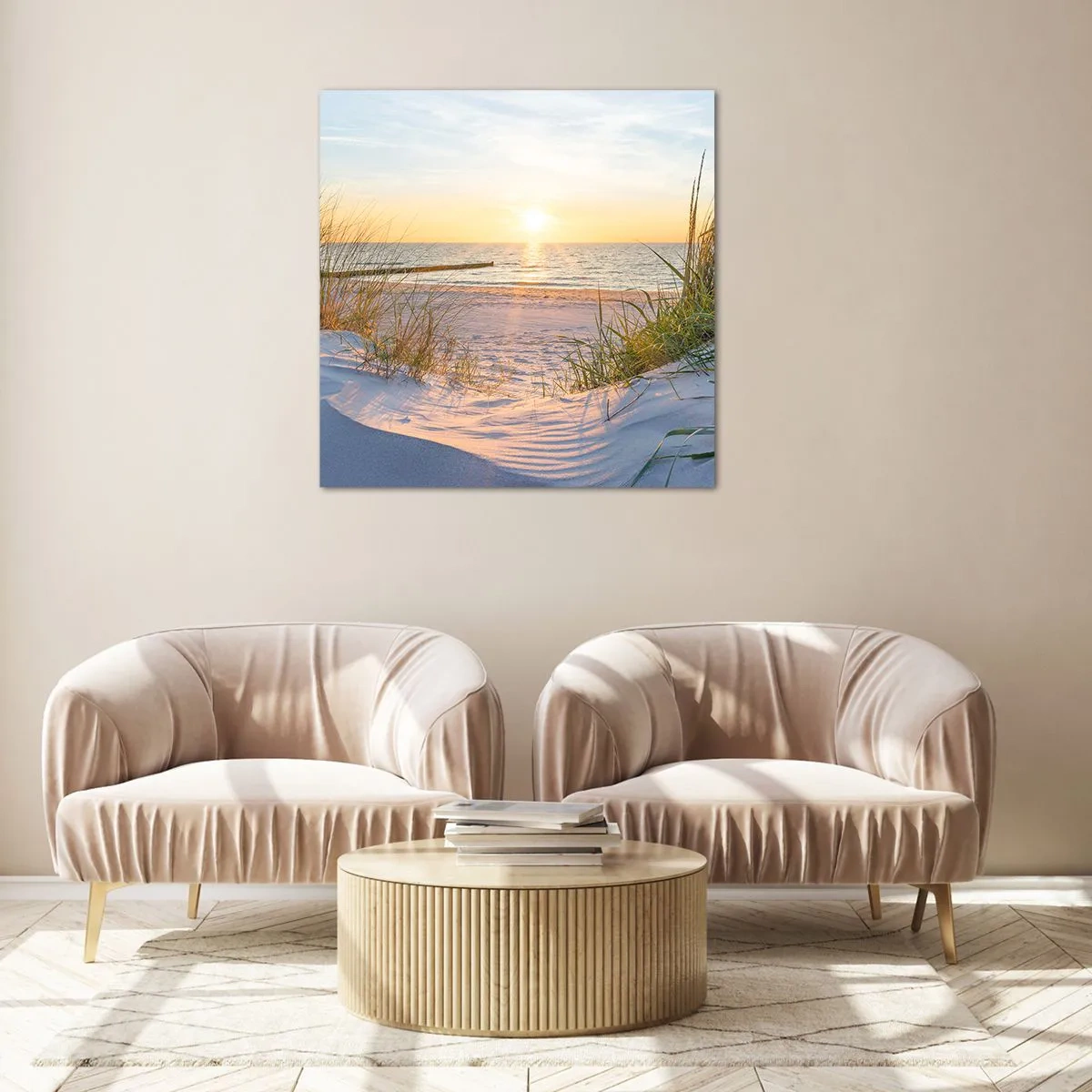 Schilderen op glas - Het geluid van de zee, het zingen van vogels, een wild strand tussen het gras... - 60x60 cm