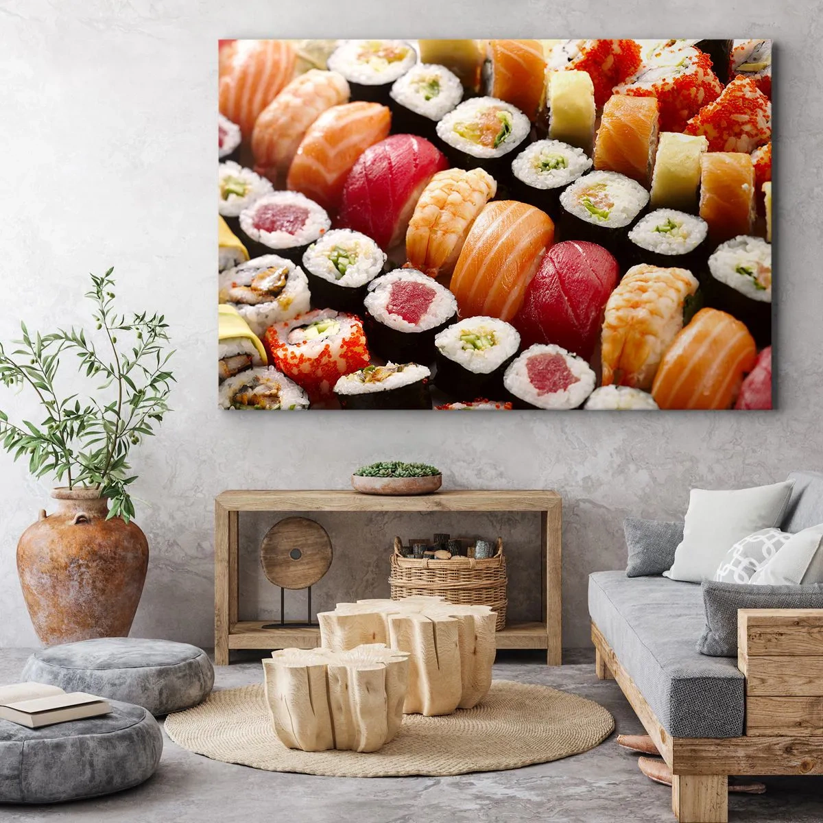 Schilderen op canvas - Kleurrijke sushi in rijen gerangschikt met verschillende toppings - 70x50cm - Kleuren en smaken van Azië - Moderne wanddecoratie voor woonkamer en slaapkamer ARTTOR