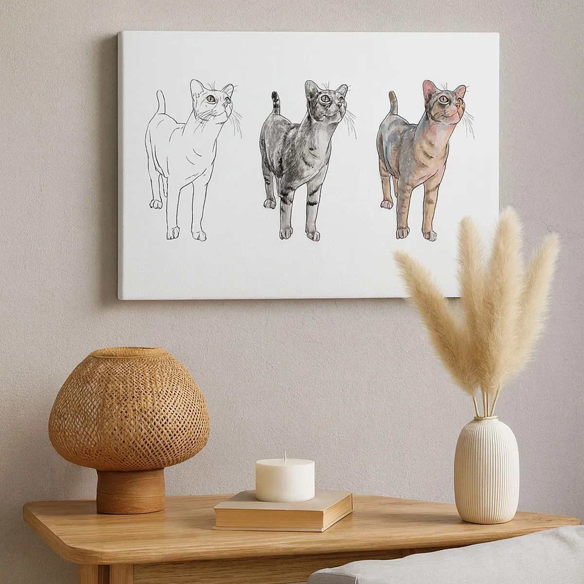 Schilderen op canvas - De evolutie van een kattentekening van schets tot gekleurde vorm - 70x50cm - Les tekenen - Moderne wanddecoratie voor woonkamer en slaapkamer ARTTOR