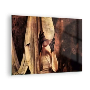 Schilderen op glas - Een mysterieuze vrouw omringd door gouden stoffen - 70x50cm - Tussen goed en kwaad - Moderne wanddecoratie voor woonkamer en slaapkamer ARTTOR