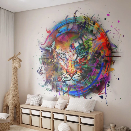Zelfklevend Fotobehang Deluxe Sticker - Het schuilt achter een regenboogsluier - Abstractie, Tijger, Grafisch - 450x315 cm