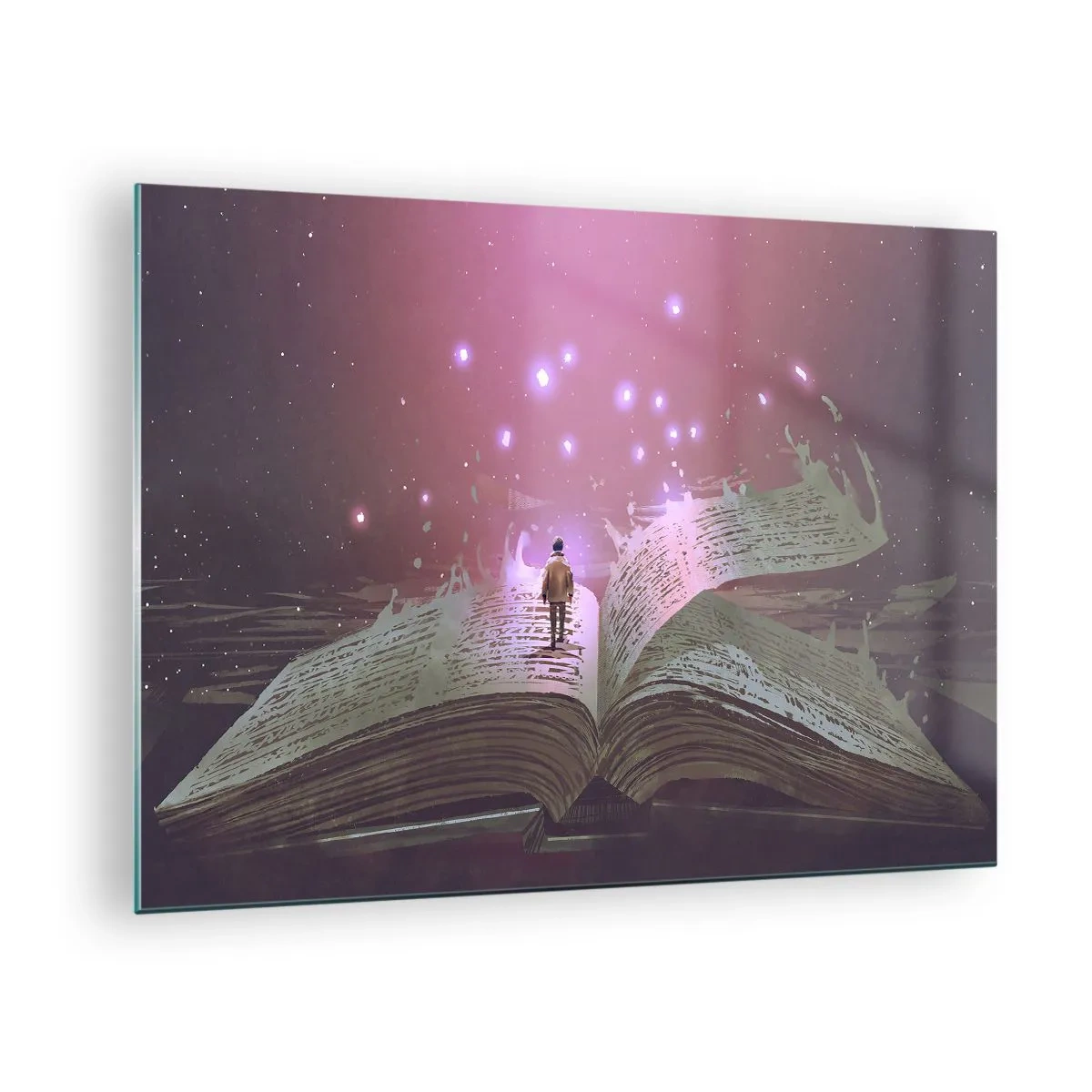 Schilderen op glas - Een open boek waaruit magisch licht en sterren zweven - 70x50cm - Uitnodiging voor een andere wereld - lees! - Moderne wanddecoratie voor woonkamer en slaapkamer ARTTOR