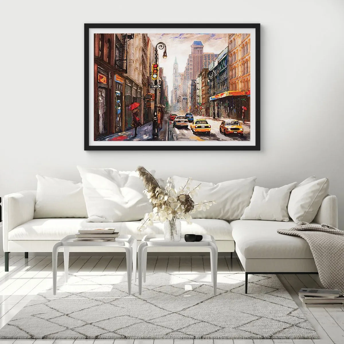 Poster in een zwarte lijst - New York - ook kleurrijk in de regen - 100x70 cm