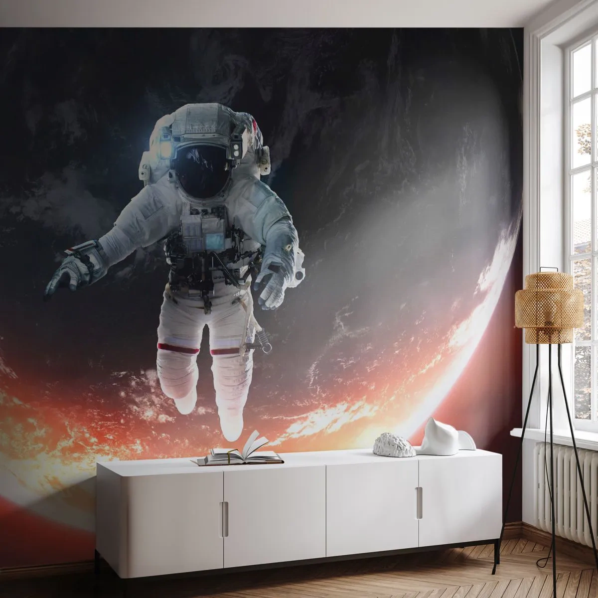 Fotobehang Premium Canvas - Mag ik nog wat langer blijven? - Astronaut, Kosmos, Kosmonaut - 450x315 cm