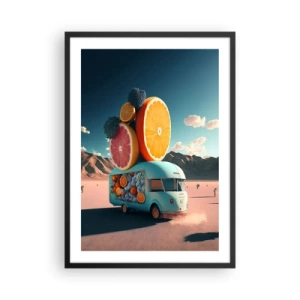 Poster in een zwarte lijst - Luxe fruitwagen in de woestijn - 50x70cm - De smaak van vakantie - Moderne wanddecoratie voor woonkamer en slaapkamer ARTTOR