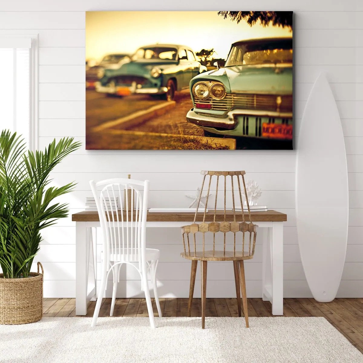 Schilderen op canvas - Klassieke auto's in het warme licht van de zonsondergang - 70x50cm - Maar afwachten - Moderne wanddecoratie voor woonkamer en slaapkamer ARTTOR