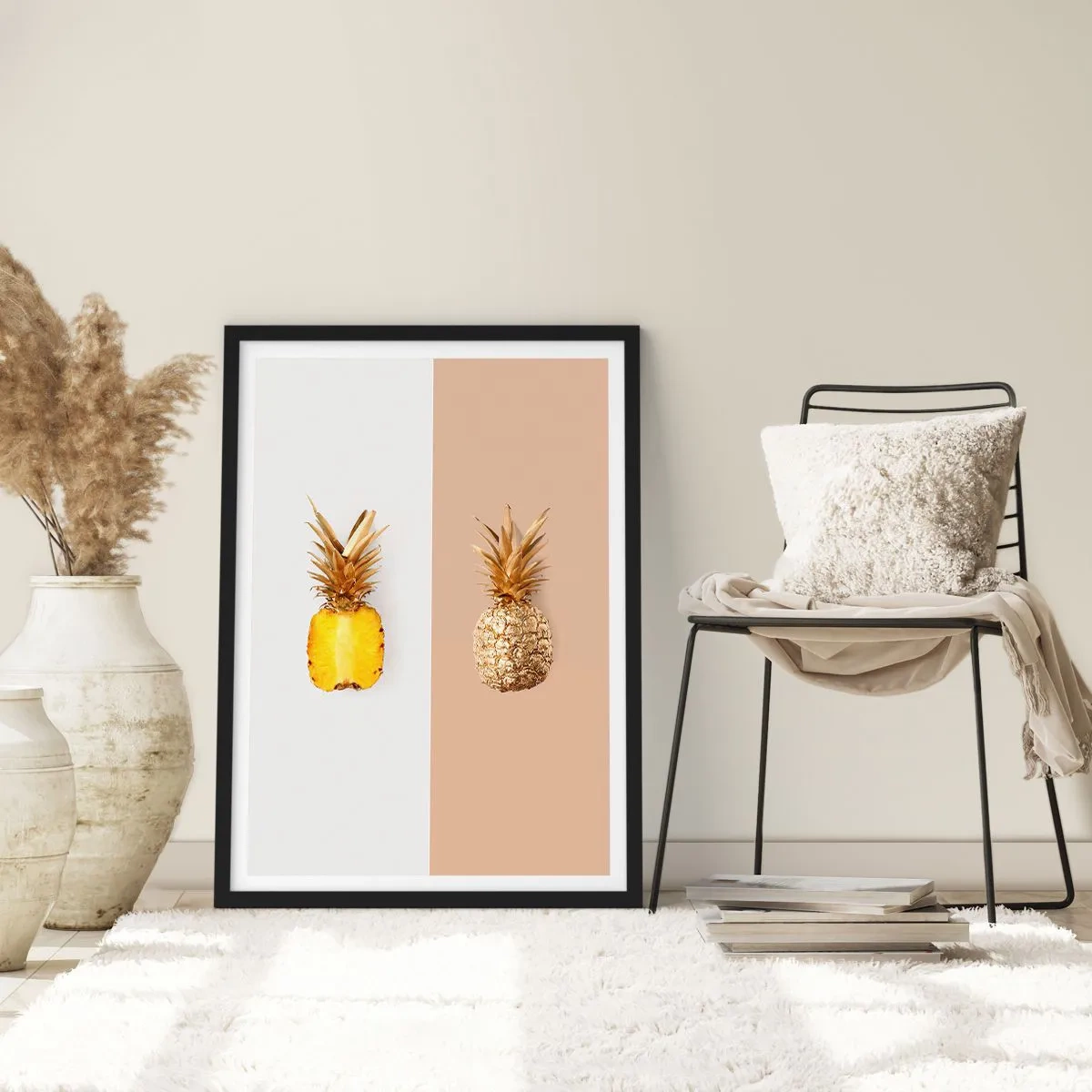 Poster in een zwarte lijst - Een minimalistische compositie van twee ananassen - 50x70cm - Ananas voor ons - Moderne wanddecoratie voor woonkamer en slaapkamer ARTTOR