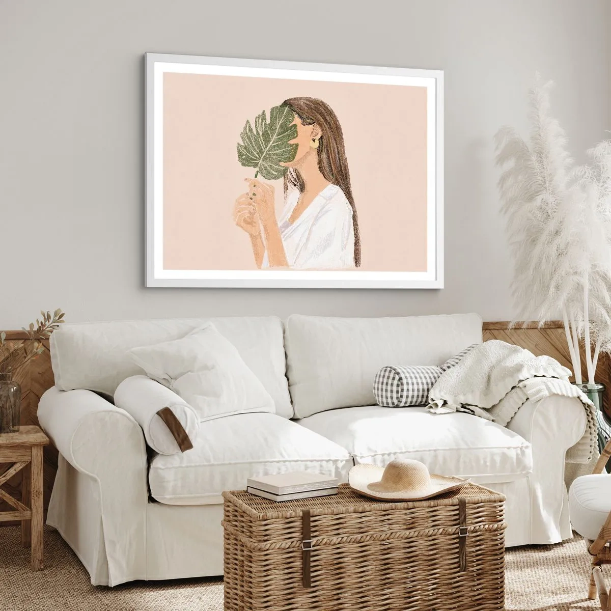 Poster in een witte lijst - Mysterieus portret met een waaier - 91x61 cm