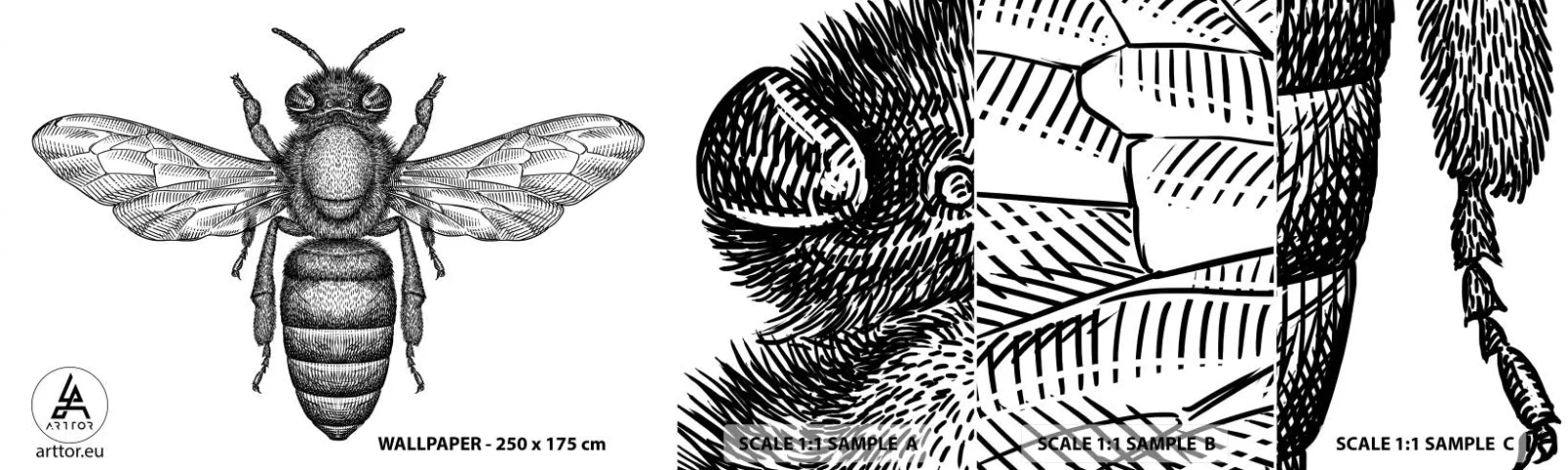 Fotobehang Monster Zelfklevend Deluxe Sticker - Insectenportret - Bij, Insect, Minimalistisch - 100x30 cm