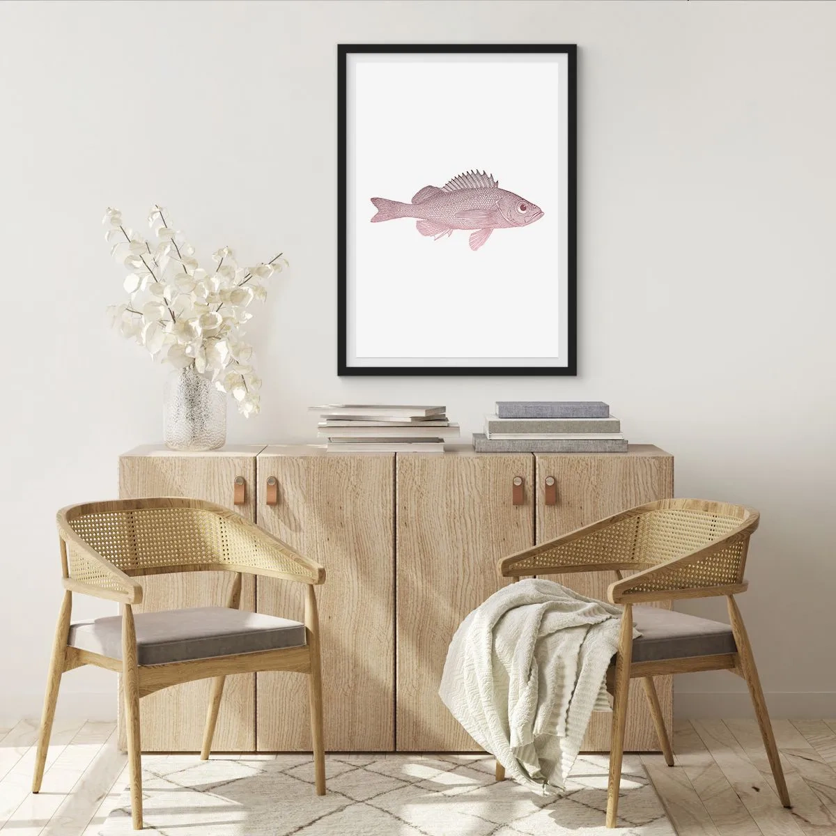 Poster in een zwarte lijst - Visafbeelding op een witte achtergrond in minimalistische stijl - 50x70cm - Grote ogen vis - Moderne wanddecoratie voor woonkamer en slaapkamer ARTTOR