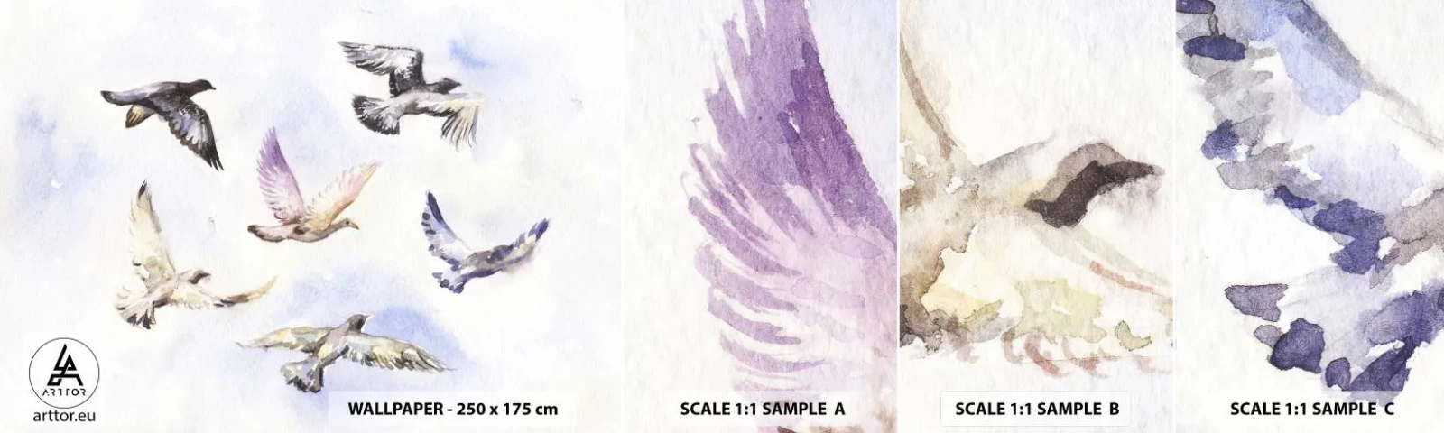 Fotobehang Staaltje Standard Eco - Vrijheid in grijs en blauw - Vogels, Grafisch, Deel - 100x30 cm