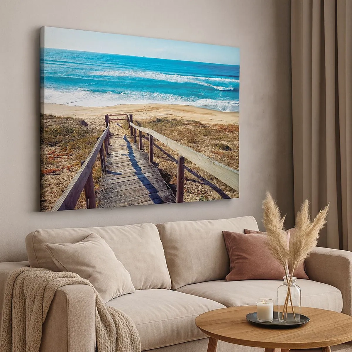 Schilderen op canvas - Houten pad naar het strand - 70x50cm - Loop maar! - Moderne wanddecoratie voor woonkamer en slaapkamer ARTTOR