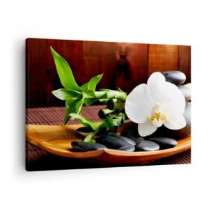 Schilderen op canvas - Witte orchidee met bamboe tegen een Zen-achtige stenen achtergrond - 70x50cm - Geef je over aan de aanraking van de natuur - Moderne wanddecoratie voor woonkamer en slaapkamer ARTTOR