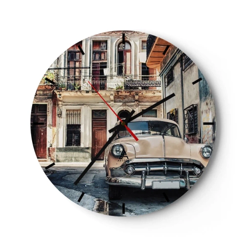 Wandklok - Klok - Retro auto tegen de achtergrond van oude architectuur - 30x30cm - De siësta in Havana - Moderne wanddecoratie voor woonkamer, keuken en slaapkamer ARTTOR