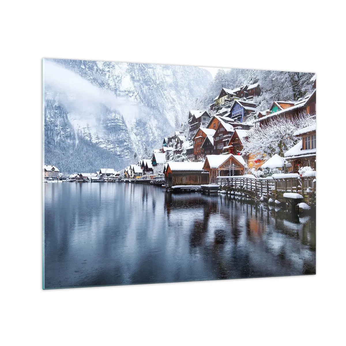 Schilderen op glas - Een bergdorp aan een meer, bedekt met sneeuw in een winterlandschap - 70x50cm - In winterdecoratie - Moderne wanddecoratie voor woonkamer en slaapkamer ARTTOR