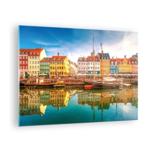 Schilderen op glas - Kleurrijke huizen aan het kanaal met weerspiegelingen in het water - 70x50cm - Over het water zo glad als een spiegel - Moderne wanddecoratie voor woonkamer en slaapkamer ARTTOR