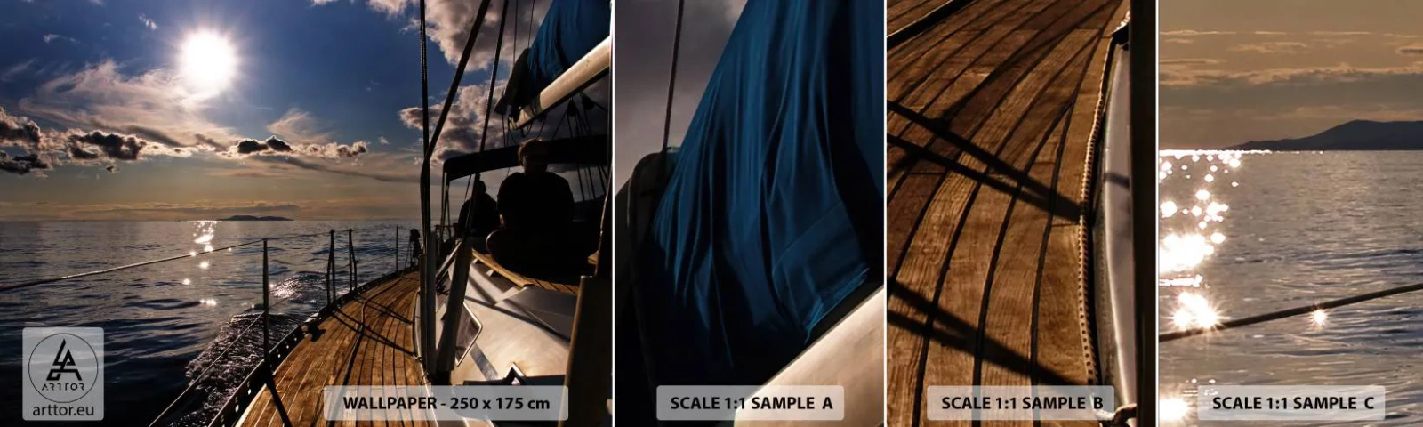 Fotobehang Staaltje Standard Eco - Zeilen naar de zon - Nautisch, Jacht, Zee - 100x30 cm