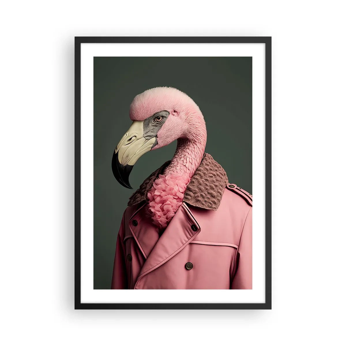 Poster in een zwarte lijst - Een stijlvolle flamingo in een elegante jas - 50x70cm - Echte elegantie - Moderne wanddecoratie voor woonkamer en slaapkamer ARTTOR