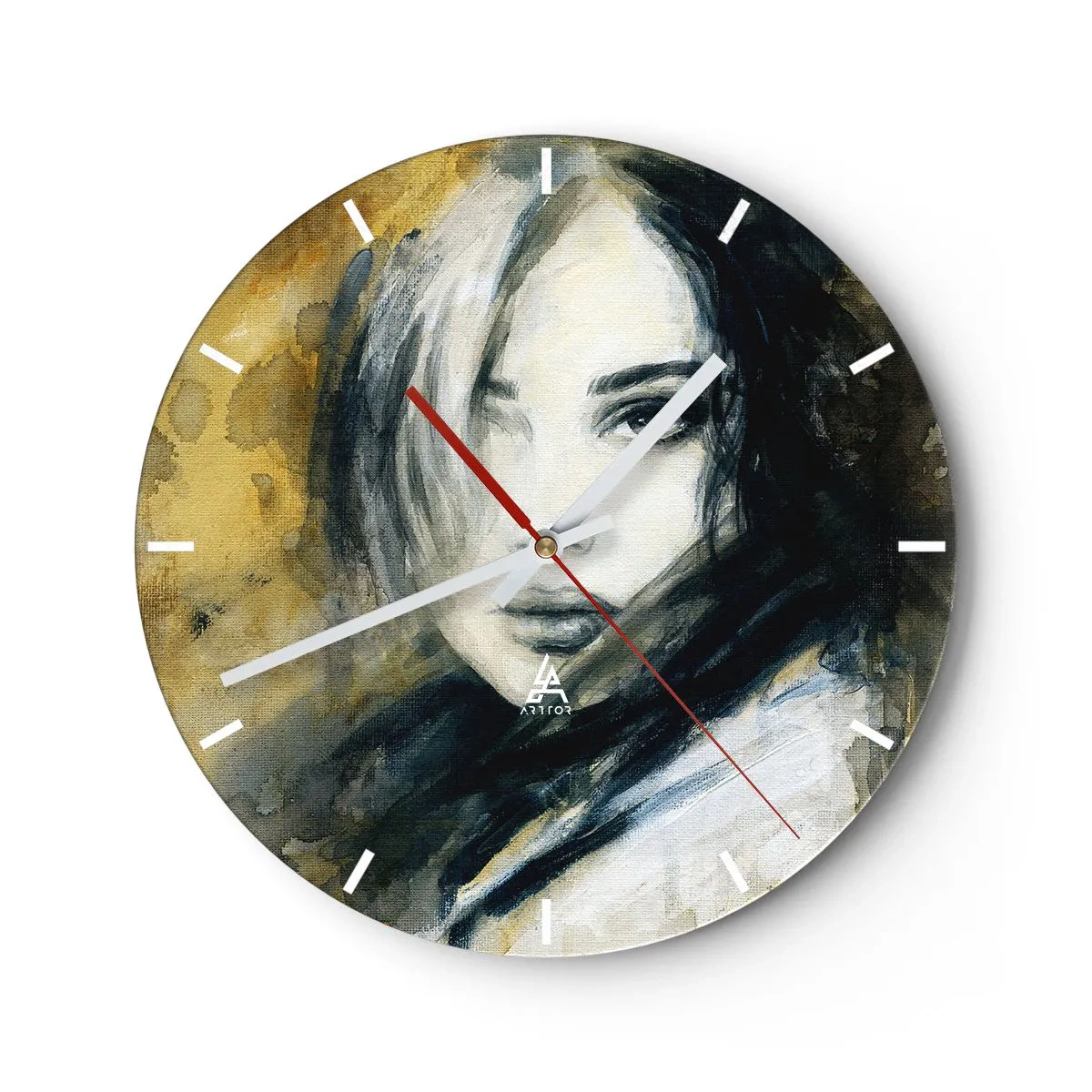 Wandklok - Klok - Portret van een vrouw in artistieke stijl in tinten goud en zwart - 30x30cm - onschuldiger of sensueler? - Moderne wanddecoratie voor woonkamer, keuken en slaapkamer ARTTOR