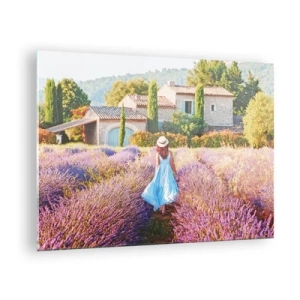 Schilderen op glas - Een vrouw in een jurk die door een lavendelveld loopt - 70x50cm - Lavendel meisje - Moderne wanddecoratie voor woonkamer en slaapkamer ARTTOR