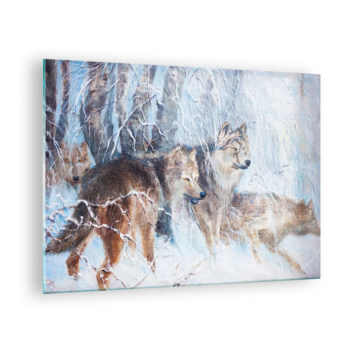 Schilderen op glas - Drie wolven in een winterbos omringd door sneeuw - 70x50cm - Aandacht! Hier komt ... - Moderne wanddecoratie voor woonkamer en slaapkamer ARTTOR