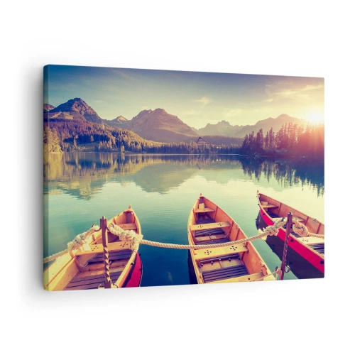 Schilderen op canvas - Boten op een kalm meer omringd door bergen bij zonsondergang - 70x50cm - Leef volgens haar wetten - Moderne wanddecoratie voor woonkamer en slaapkamer ARTTOR
