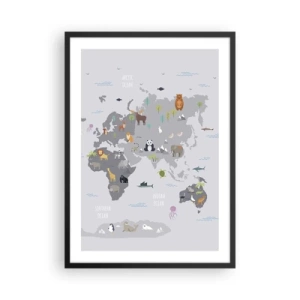 Poster in een zwarte lijst - Wereldkaart met kleurrijke dieren voor kinderen - 50x70cm - Vertel me waar je vandaan komt ... - Moderne wanddecoratie voor woonkamer en slaapkamer ARTTOR