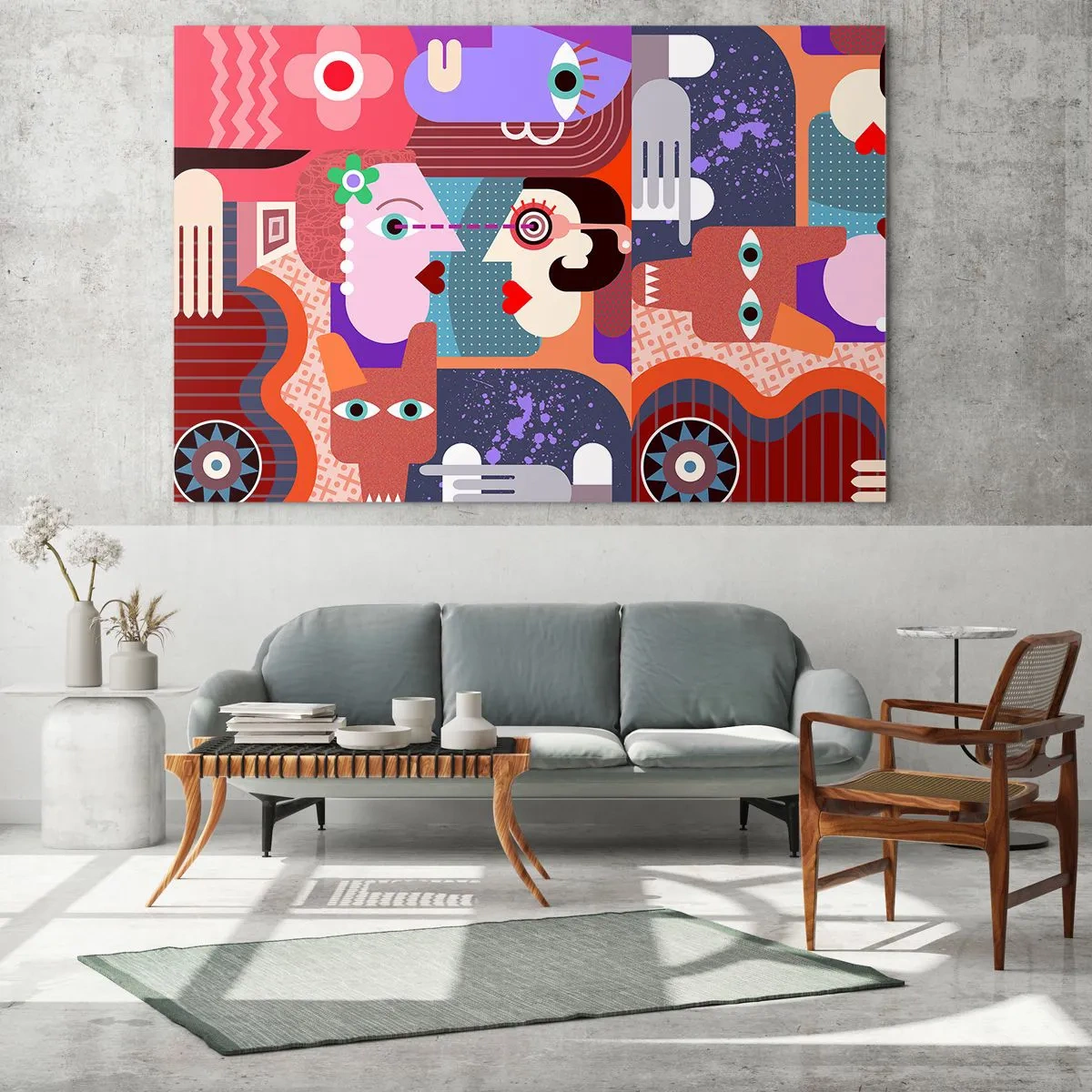 Schilderen op glas - Een abstracte compositie van gezichten en vormen in felle kleuren. - 70x50cm - Oog in oog - Moderne wanddecoratie voor woonkamer en slaapkamer ARTTOR