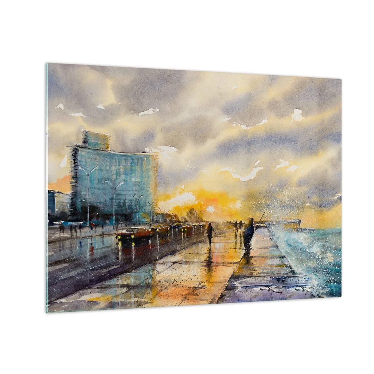 Schilderen op glas - Aquarel kustplaatsje met zonsondergang - 70x50cm - Het leven aan de oever - Moderne wanddecoratie voor woonkamer en slaapkamer ARTTOR