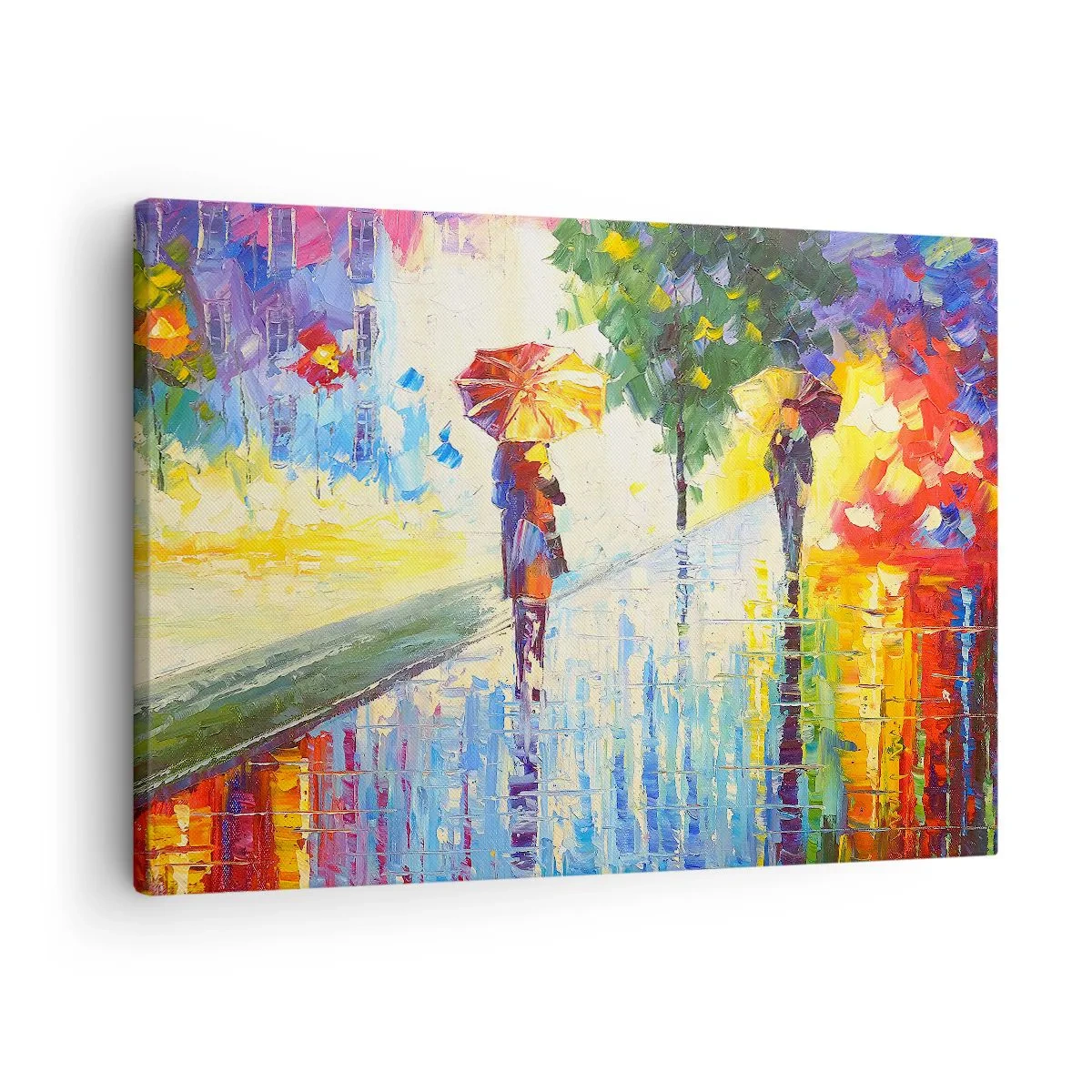 Schilderen op canvas - Een wandeling met een paraplu in een kleurrijk regenlandschap - 70x50cm - Nu is het helemaal duidelijk - Moderne wanddecoratie voor woonkamer en slaapkamer ARTTOR