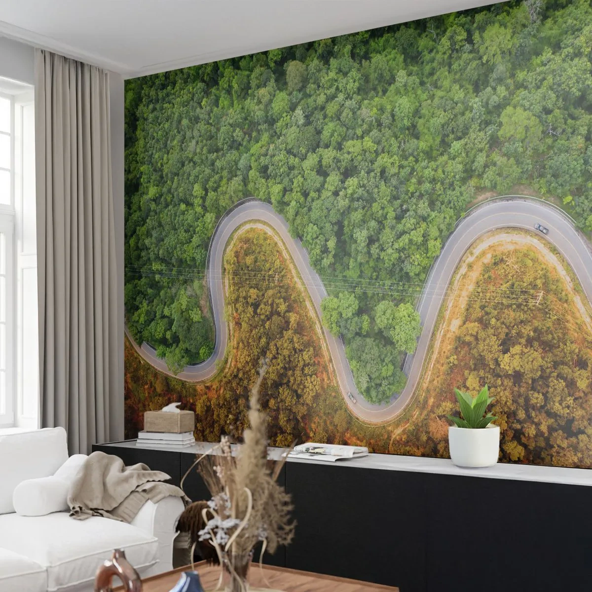 Fotobehang Premium Sand - Grenzen en doorbraken - Landschap, Autoweg, Woud - 100x70 cm