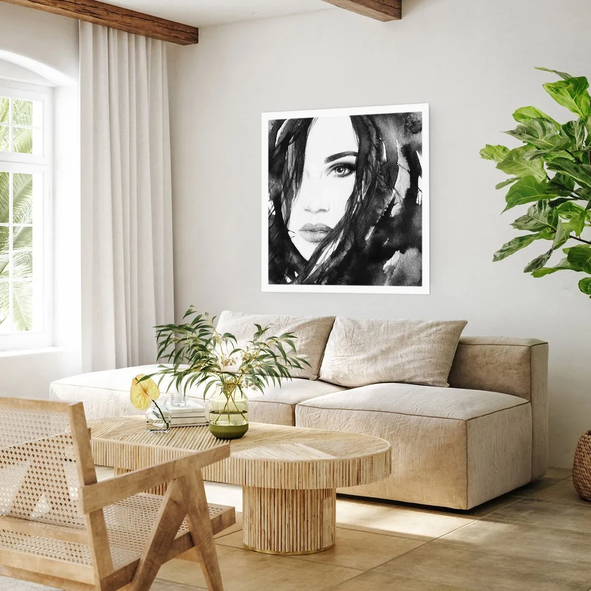 Poster - Portret van een dame in zwart en wit - 50x50 cm
