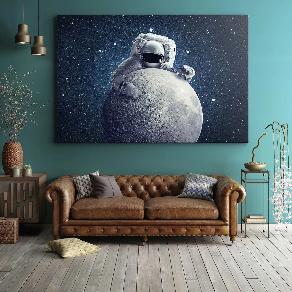 Schilderen op canvas - Astronaut houdt de maan tegen een sterrenhemel - 70x50cm - Ruimte grappenmaker - Moderne wanddecoratie voor woonkamer en slaapkamer ARTTOR