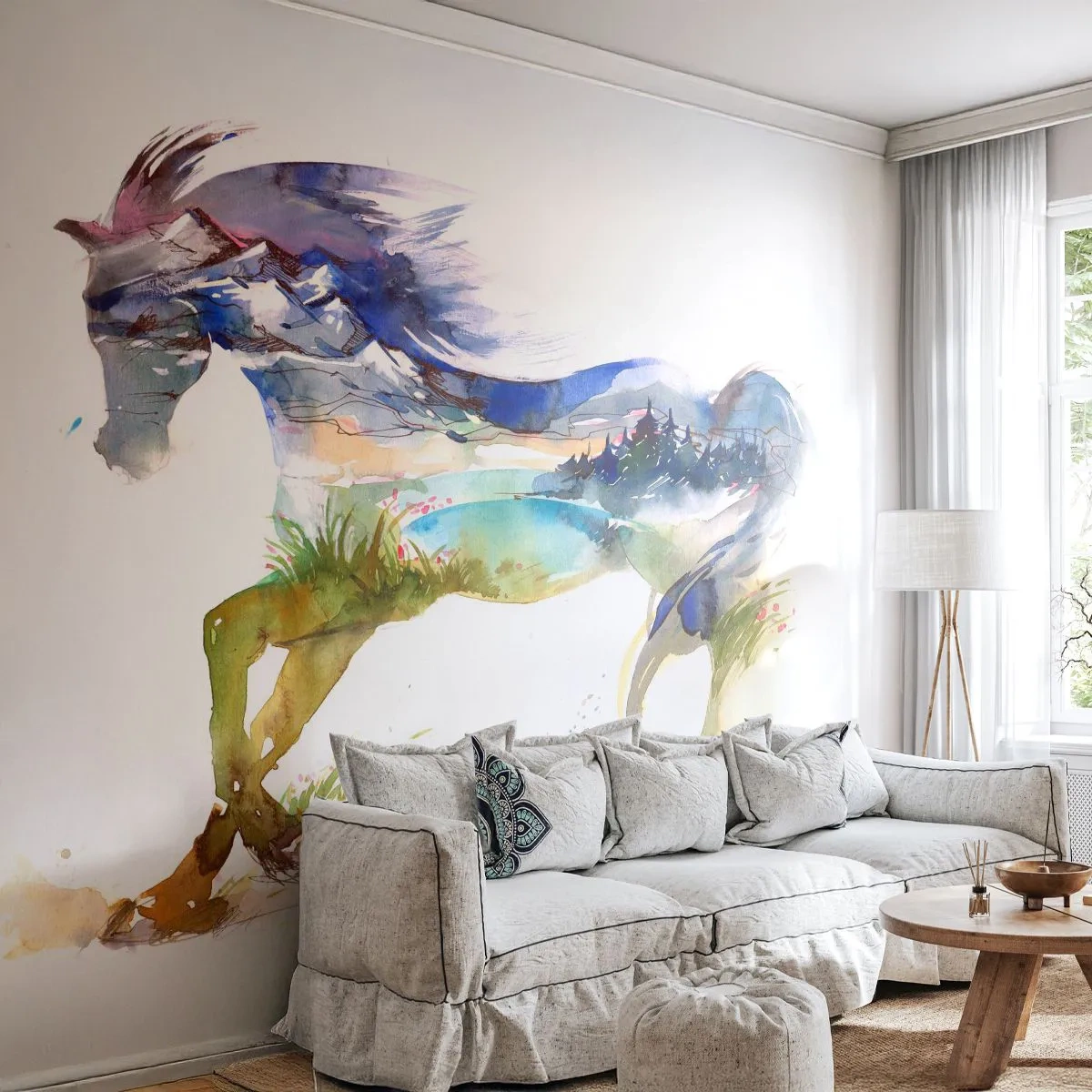 Fotobehang Premium Canvas - Van de weide recht naar de hemel - Paard, Abstractie, Landschap - 450x315 cm