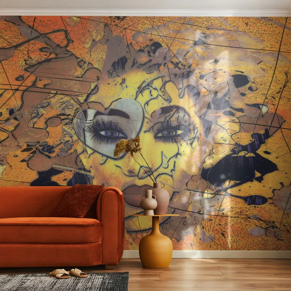 Fotobehang Premium Sand - Zonnige schoonheid - Abstractie, Het gezicht van de vrouw, Ogen - 300x210 cm
