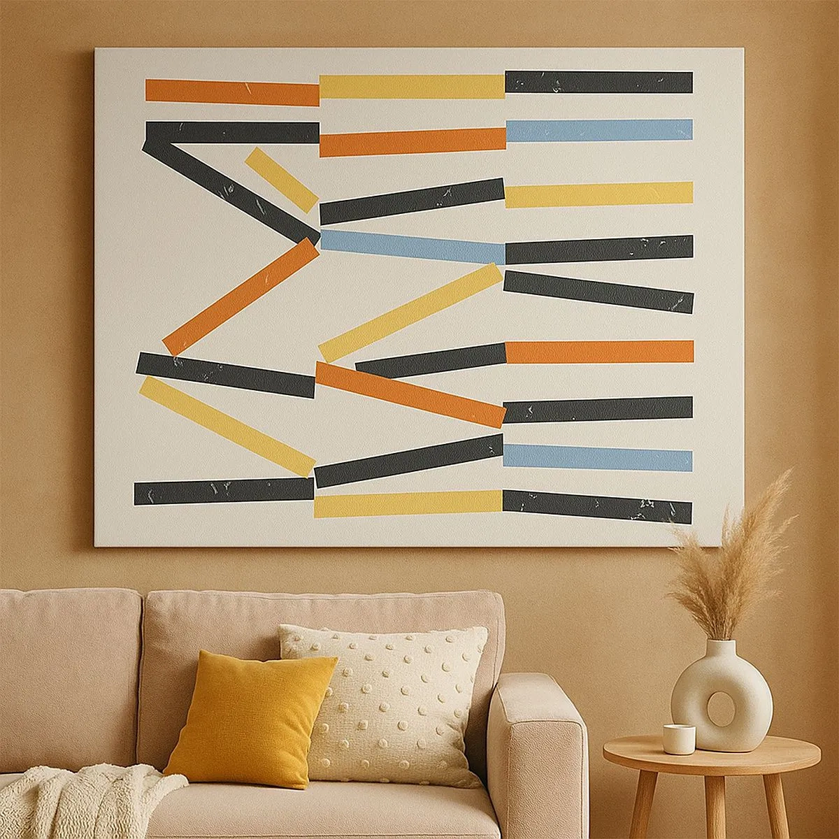 Schilderen op canvas - Abstracte compositie met gekleurde en zwarte rechthoeken in een horizontale opstelling - 70x50cm - Compositie op goed niveau - Moderne wanddecoratie voor woonkamer en slaapkamer ARTTOR