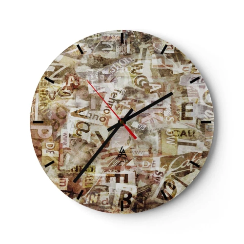 Wandklok - Klok - Abstracte compositie met letters in tinten beige en bruin - 30x30cm - Ik verenig het gebabbel - Moderne wanddecoratie voor woonkamer, keuken en slaapkamer ARTTOR