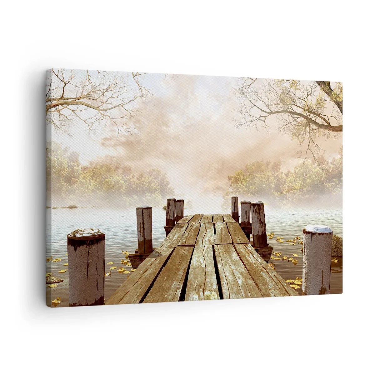 Schilderen op canvas - Een houten pier die naar een kalm meer leidt in de ochtendmist - 70x50cm - Het milde verdriet van de herfst - Moderne wanddecoratie voor woonkamer en slaapkamer ARTTOR
