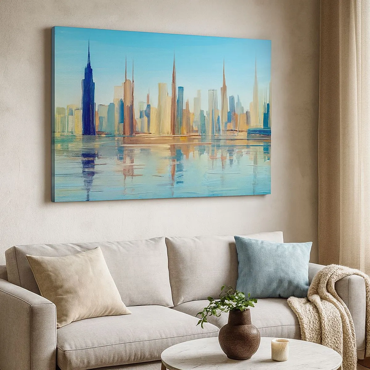 Schilderen op canvas - Een panorama van de stad in warme kleuren met weerspiegeling in het water - 70x50cm - Een zonnige metropool - Moderne wanddecoratie voor woonkamer en slaapkamer ARTTOR