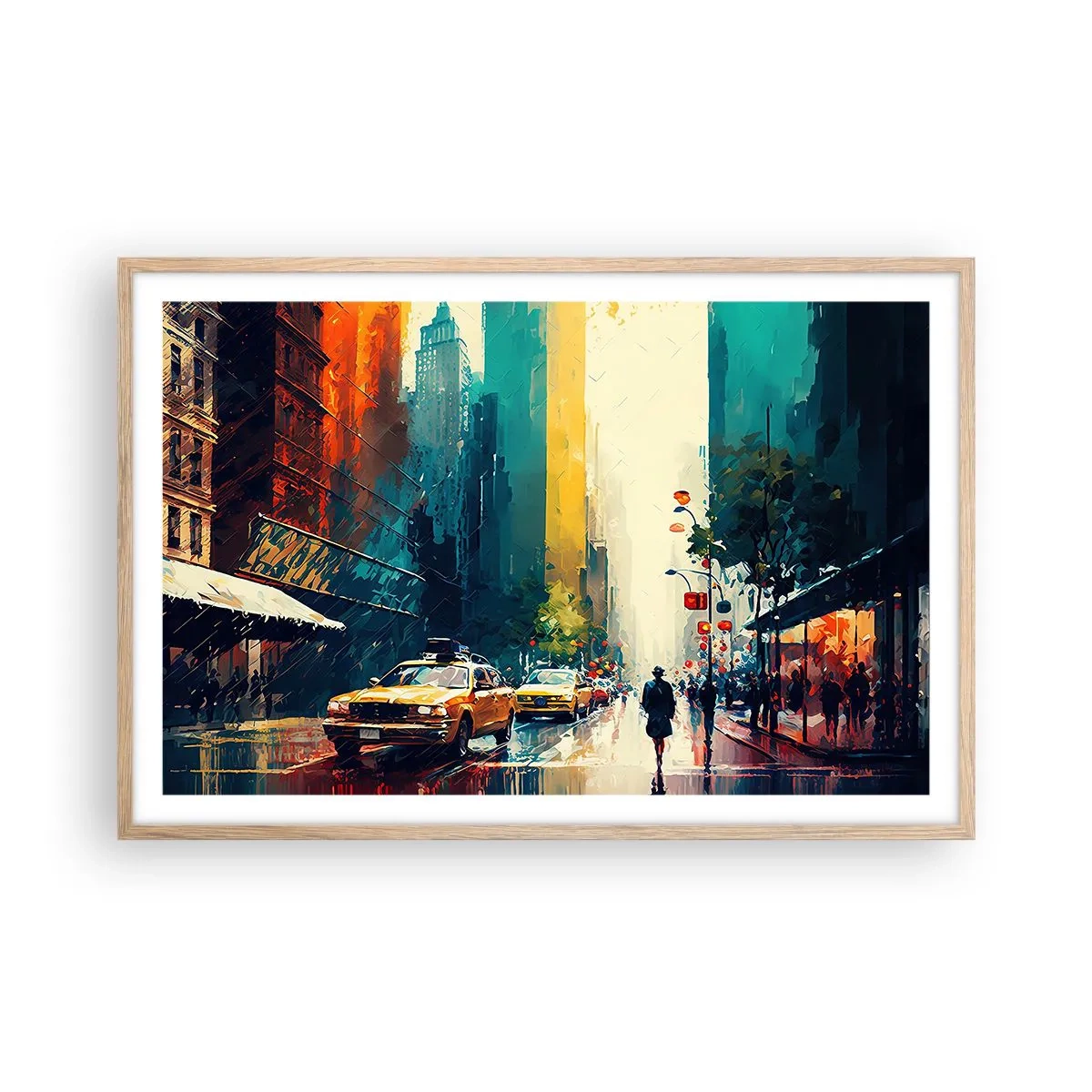 Een poster in een licht eiken lijst - New York – zelfs de regen is hier kleurrijk - 91x61 cm