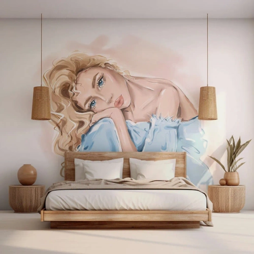 Fotobehang Premium Canvas - Dromerig in het blauw - Vrouw, Mode, Grafisch - 450x315 cm