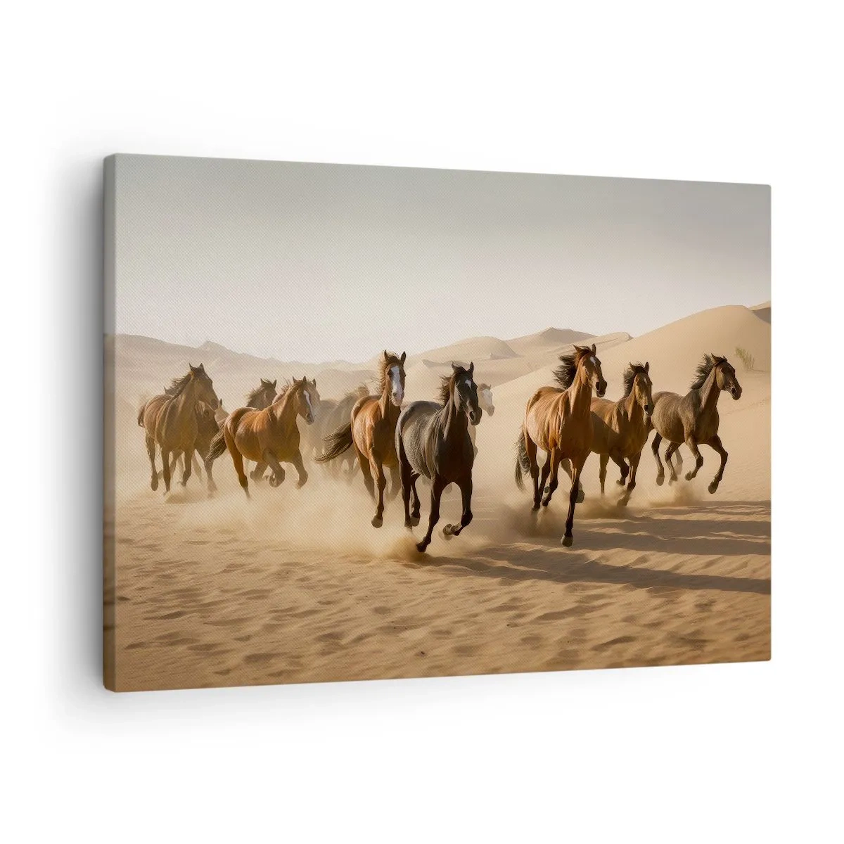 Schilderen op canvas - Galopperende paarden tegen een woestijnachtergrond - 70x50cm - Vrij als de wind - Moderne wanddecoratie voor woonkamer en slaapkamer ARTTOR
