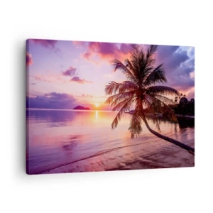 Schilderen op canvas - Tropisch strand met palmboom bij zonsondergang - 70x50cm - Geluk tot aan de horizon - Moderne wanddecoratie voor woonkamer en slaapkamer ARTTOR