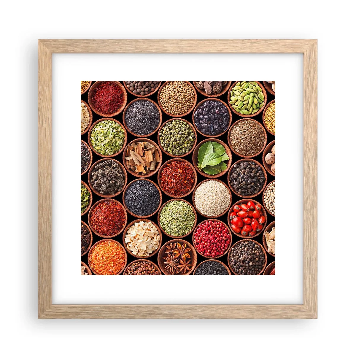 Een poster in een licht eiken lijst - Alle smaken van de wereld - 30x30 cm