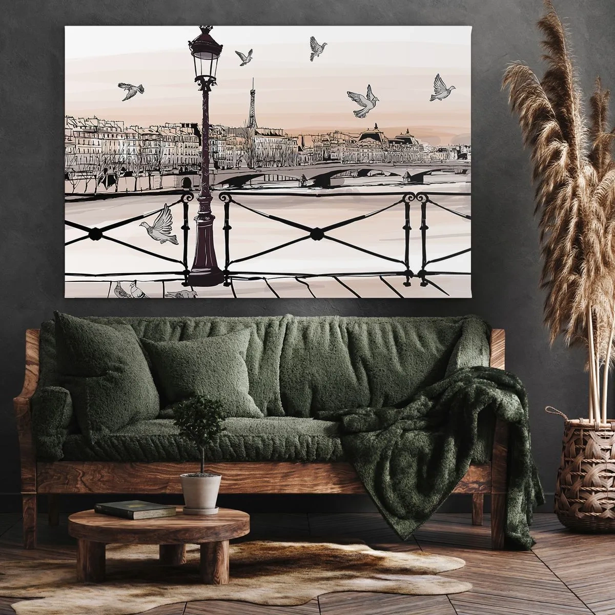 Schilderen op canvas - Parijse uitzicht met een lantaarn en een brug - 70x50cm - Over de daken van Parijs - Moderne wanddecoratie voor woonkamer en slaapkamer ARTTOR